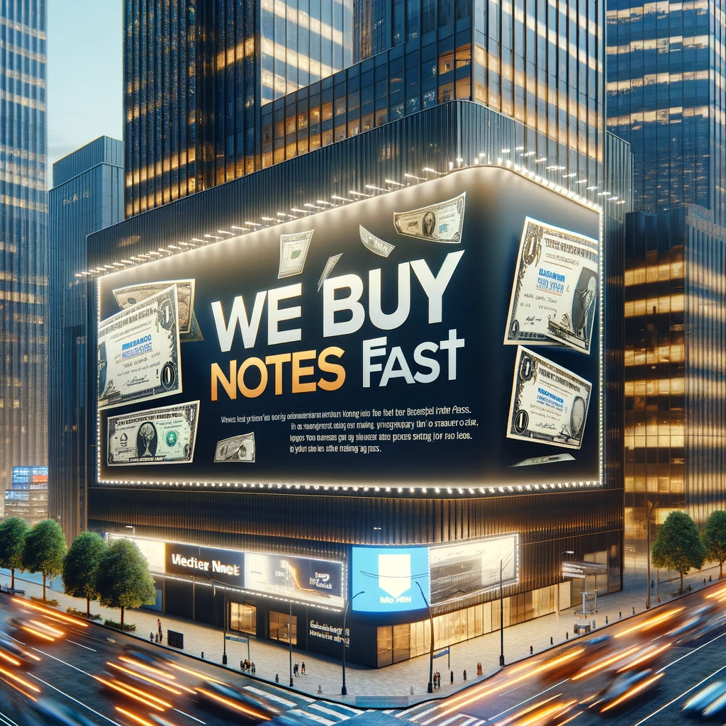 We Buy Notes Fast, a fictional financial business, depicted with a striking billboard in a bustling financial district, highlighting their focus on fast and efficient financial note trading.