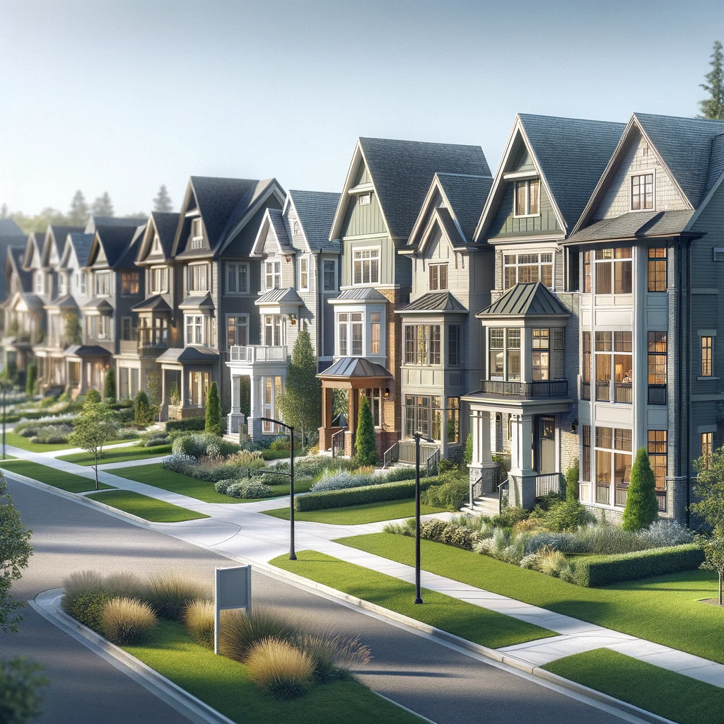 Photorealistic image of diverse residential homes in Bells Corners, each showcasing unique architectural styles and set against well-manicured lawns and mature trees.